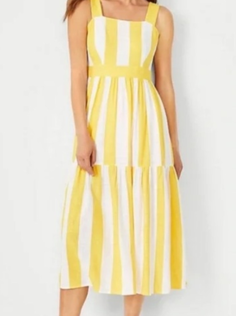 Ann Taylor Yellow & White Striped Tiered Midi Dress